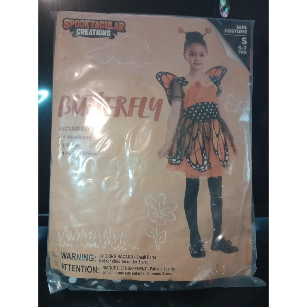 Spooktacular Creations Butterfly Costume Girls Size S 5-7 Dress Wings Headband